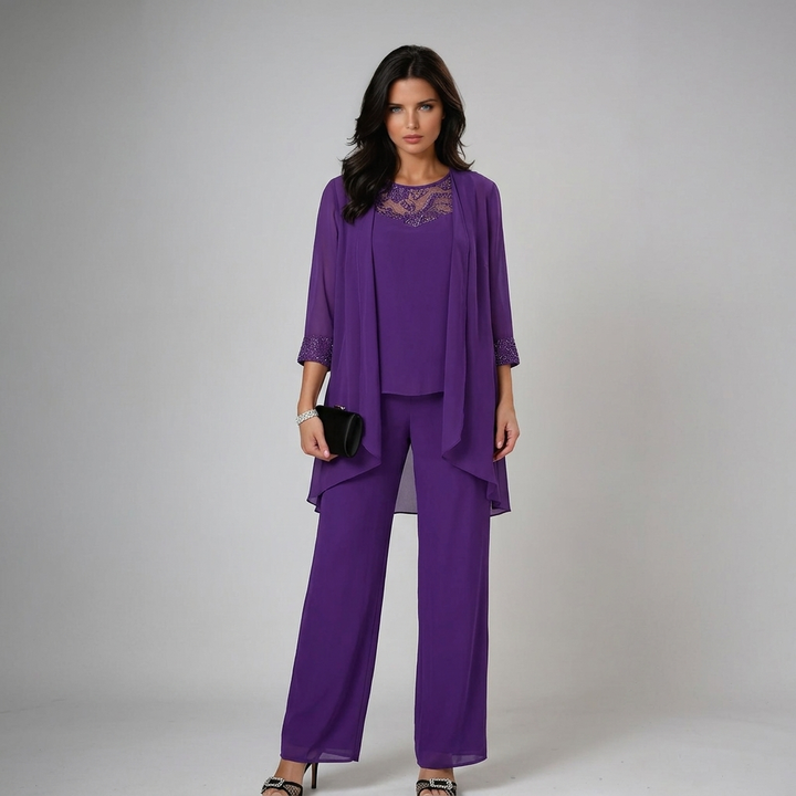 Iva beaded chiffon wide-leg three-piece matching set for women by Bennett and Lowe, featuring intricate beadwork and flowing fabric.