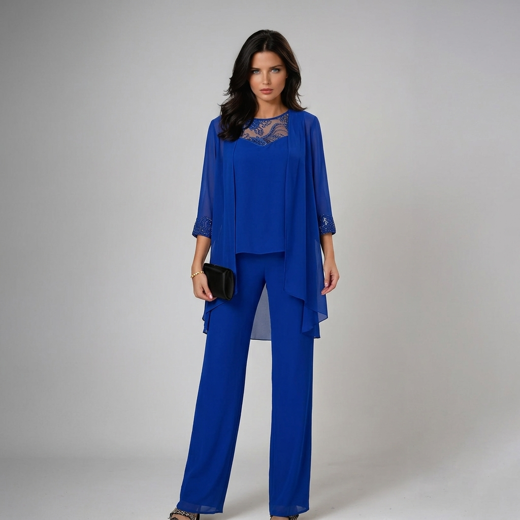 Iva beaded chiffon wide-leg three-piece matching set for women, featuring intricate beadwork and flowing fabric from Bennett and Lowe.