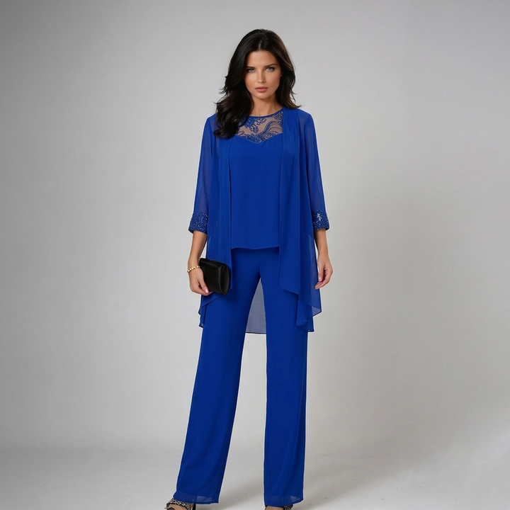 Iva beaded chiffon wide-leg three-piece matching set for women, featuring intricate beadwork and flowing fabric from Bennett and Lowe.