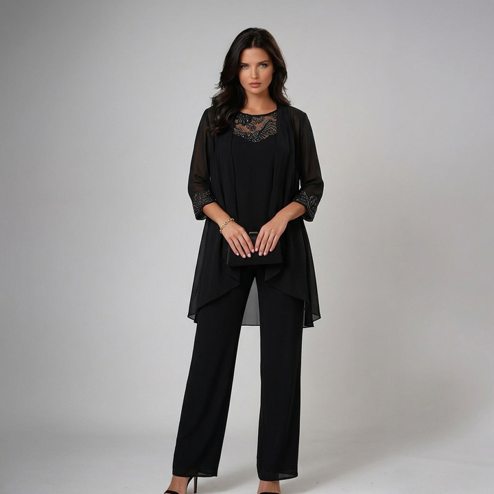 Beaded chiffon wide-leg three-piece matching set for women by Bennett and Lowe, featuring intricate bead details and flowing fabric.