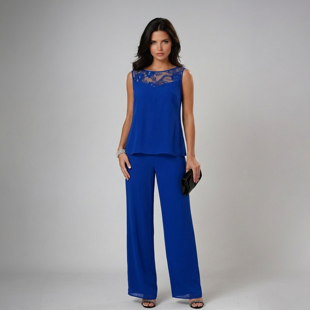 Iva beaded chiffon wide-leg three-piece set for women by Bennett and Lowe, featuring matching top, pants, and jacket with intricate beading.