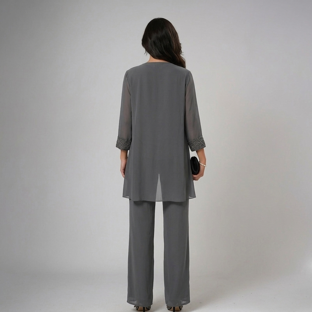 Iva beaded chiffon wide-leg three-piece matching set for women by Bennett and Lowe, shown in a stylish, flowing design.