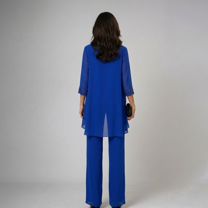 Beaded chiffon wide-leg three-piece matching set for women by Bennett and Lowe, featuring intricate bead details and flowing fabric