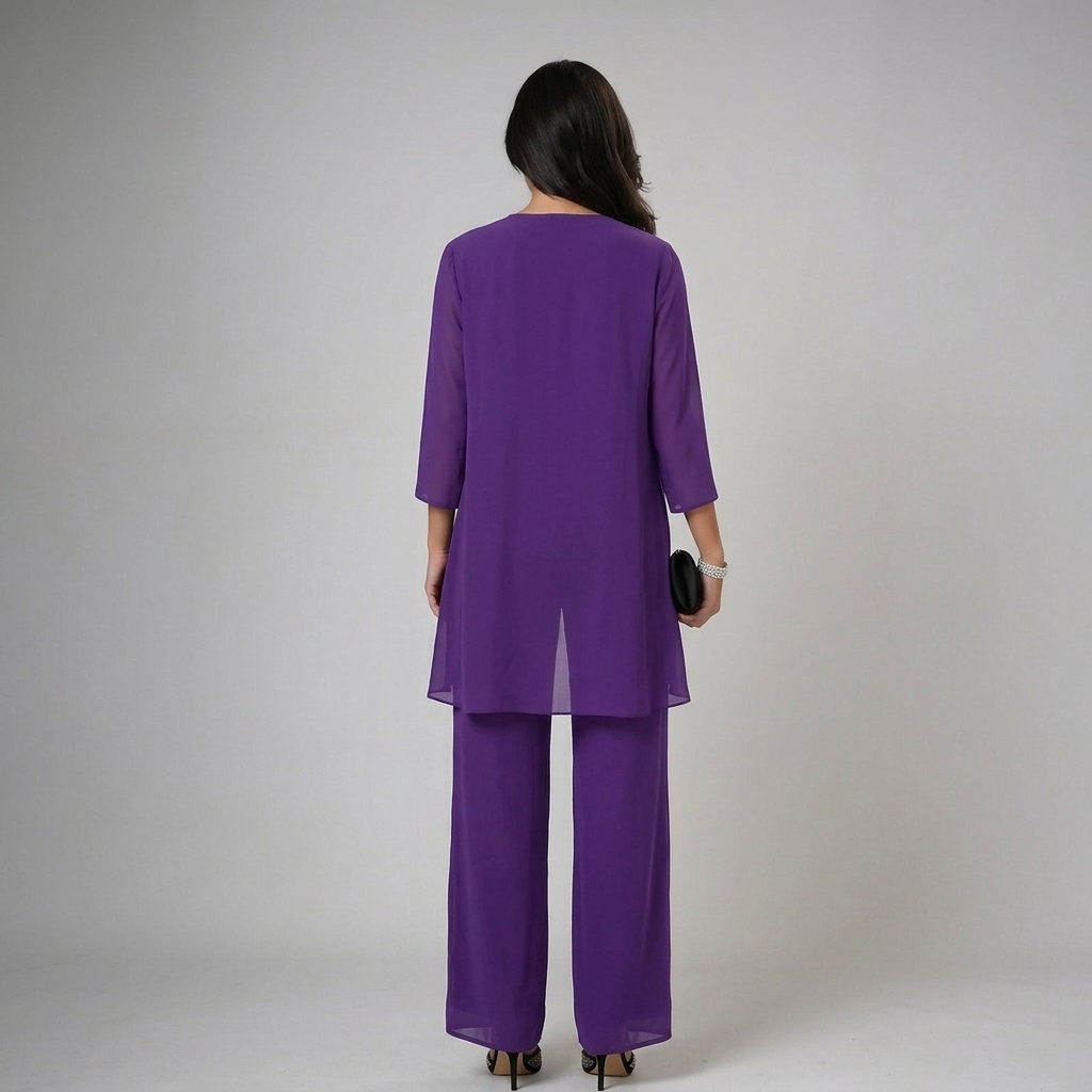 Iva beaded chiffon wide-leg three-piece matching set for women by Bennett and Lowe, featuring intricate bead details and flowing fabric.