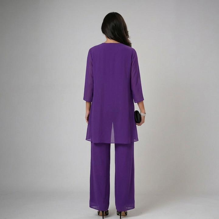 Iva beaded chiffon wide-leg three-piece matching set for women by Bennett and Lowe, featuring intricate bead details and flowing fabric.