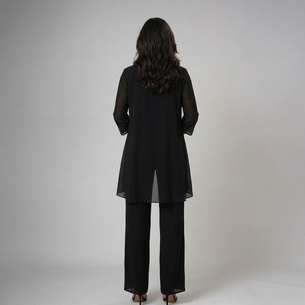 Beaded chiffon wide-leg three-piece matching set for women by Bennett and Lowe, featuring intricate bead details and flowing fabric.