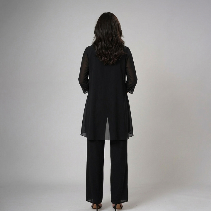 Beaded chiffon wide-leg three-piece matching set for women by Bennett and Lowe, featuring intricate bead details and flowing fabric.
