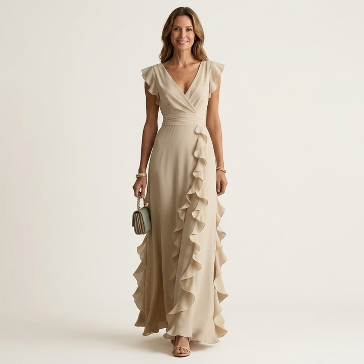 Nellyana | V-Neck Cascading Ruffle Maxi Dress
