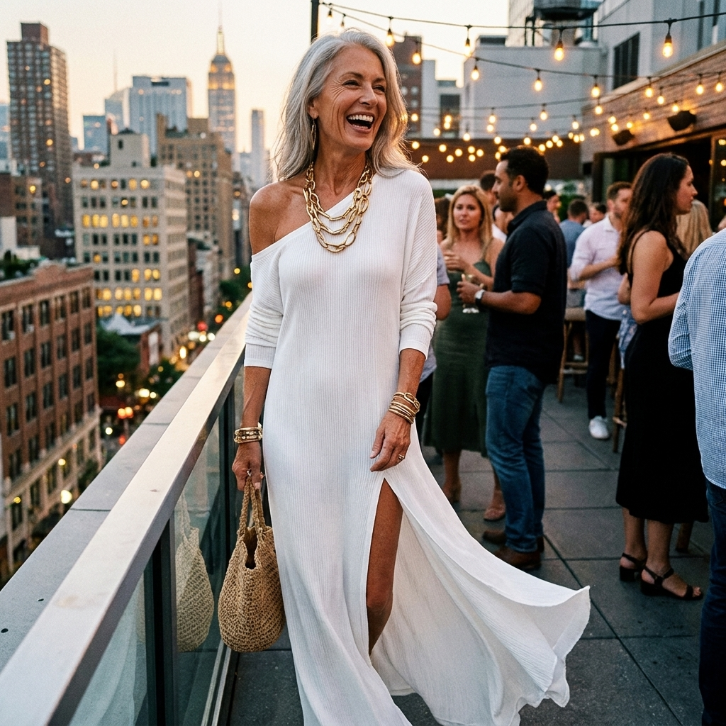 Serina Bennett and Lowe one-shoulder slit dress in elegant fabric, showcasing a stylish asymmetrical design and slit detail.