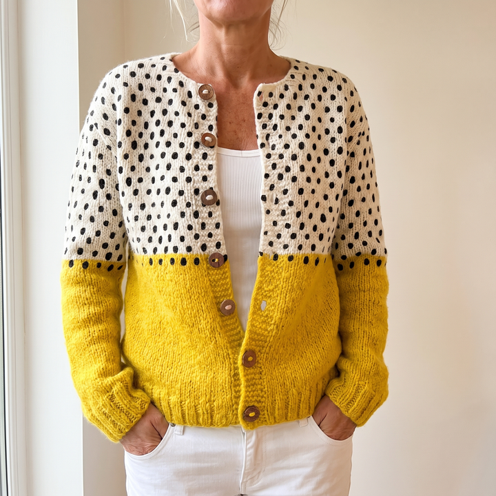 Junella Two-Tone Knit Cardigan by Bennett and Lowe, featuring a cozy, stylish knit with contrasting colors and a button-up design.