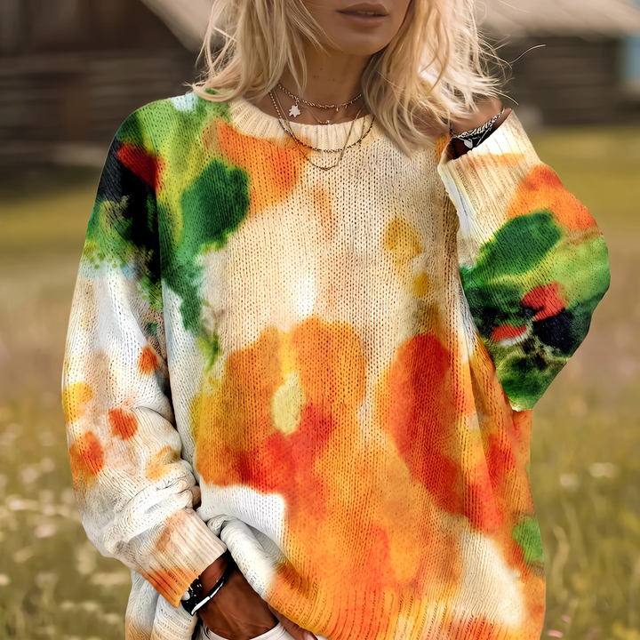 Amberlei tie-dye floral sweater for women by Bennett and Lowe, featuring colorful floral pattern and cozy knit fabric.