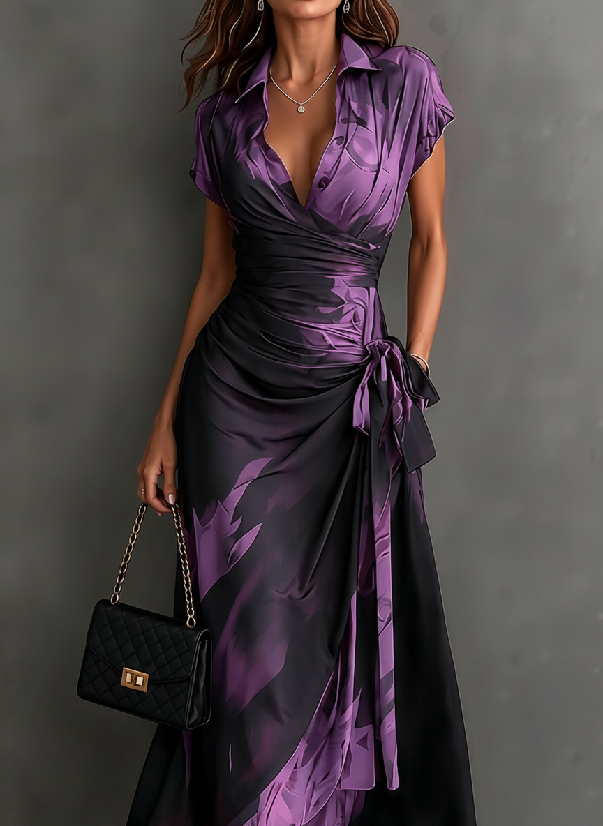 Purple abstract print midi wrap dress by Bennett & Lowe, featuring a stylish and elegant design with a fitted waist and flowing skirt.