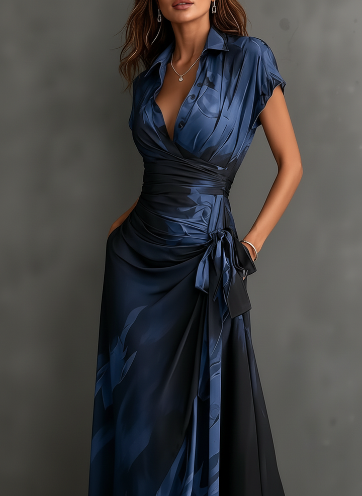 Blue abstract print midi wrap dress by Bennett & Lowe featuring a stylish, flowing silhouette and elegant design.