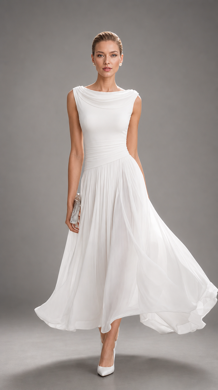 Bennett and Lowe Simone draped neck pleated midi dress for women, showcasing a stylish, flowing design with pleats and draped neckline.