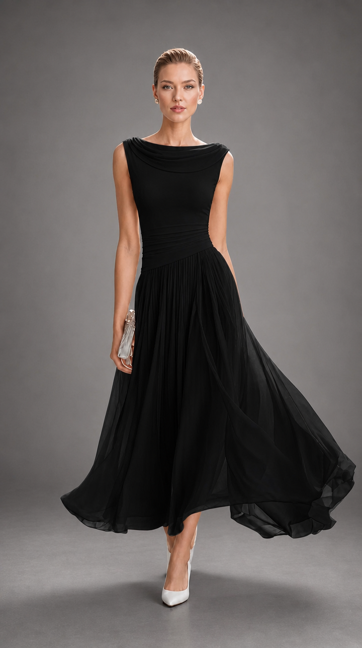 Simone Bennett and Lowe draped neck pleated midi dress for women, featuring flowing fabric and elegant design.