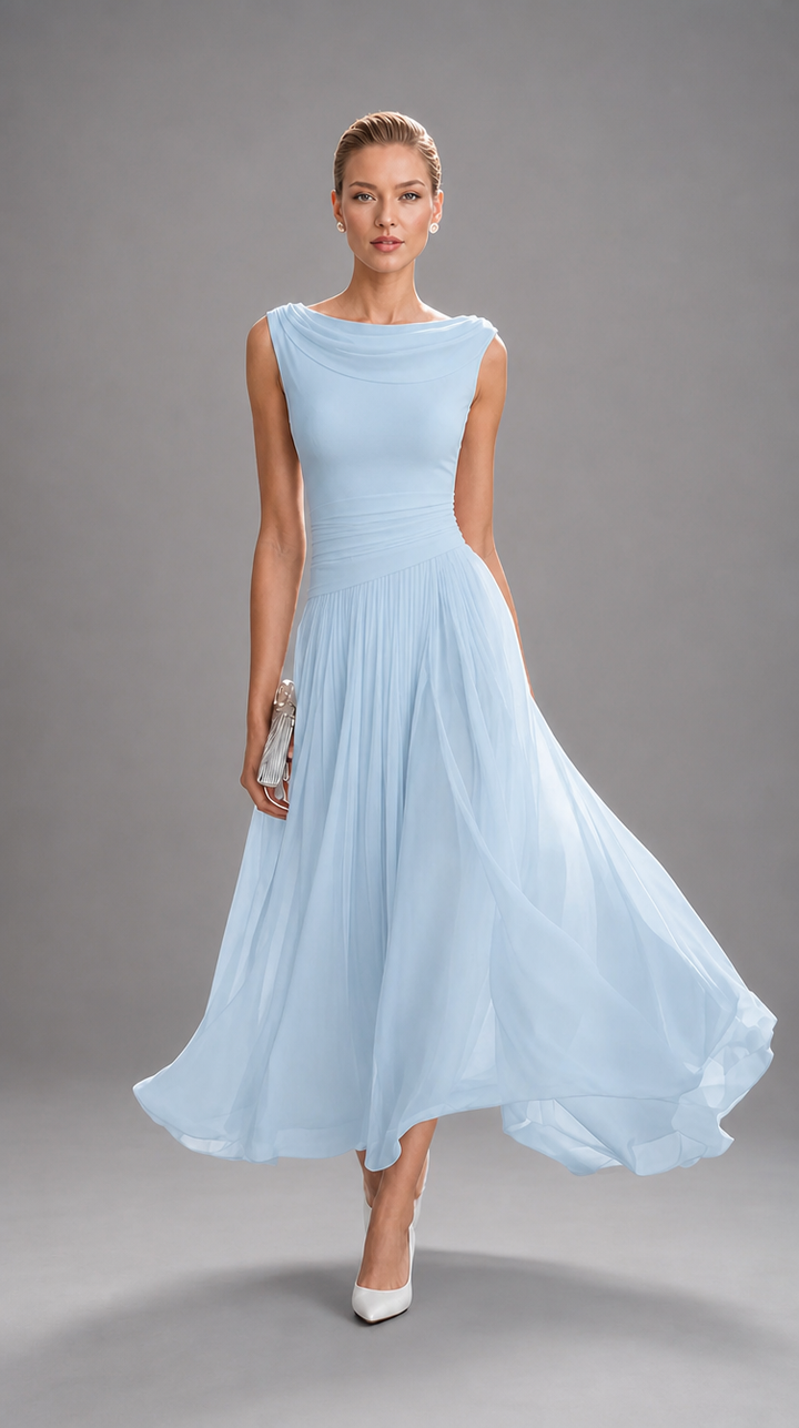 Simone Bennett and Lowe draped neck pleated midi dress for women, featuring elegant pleats and a sophisticated draped neckline.