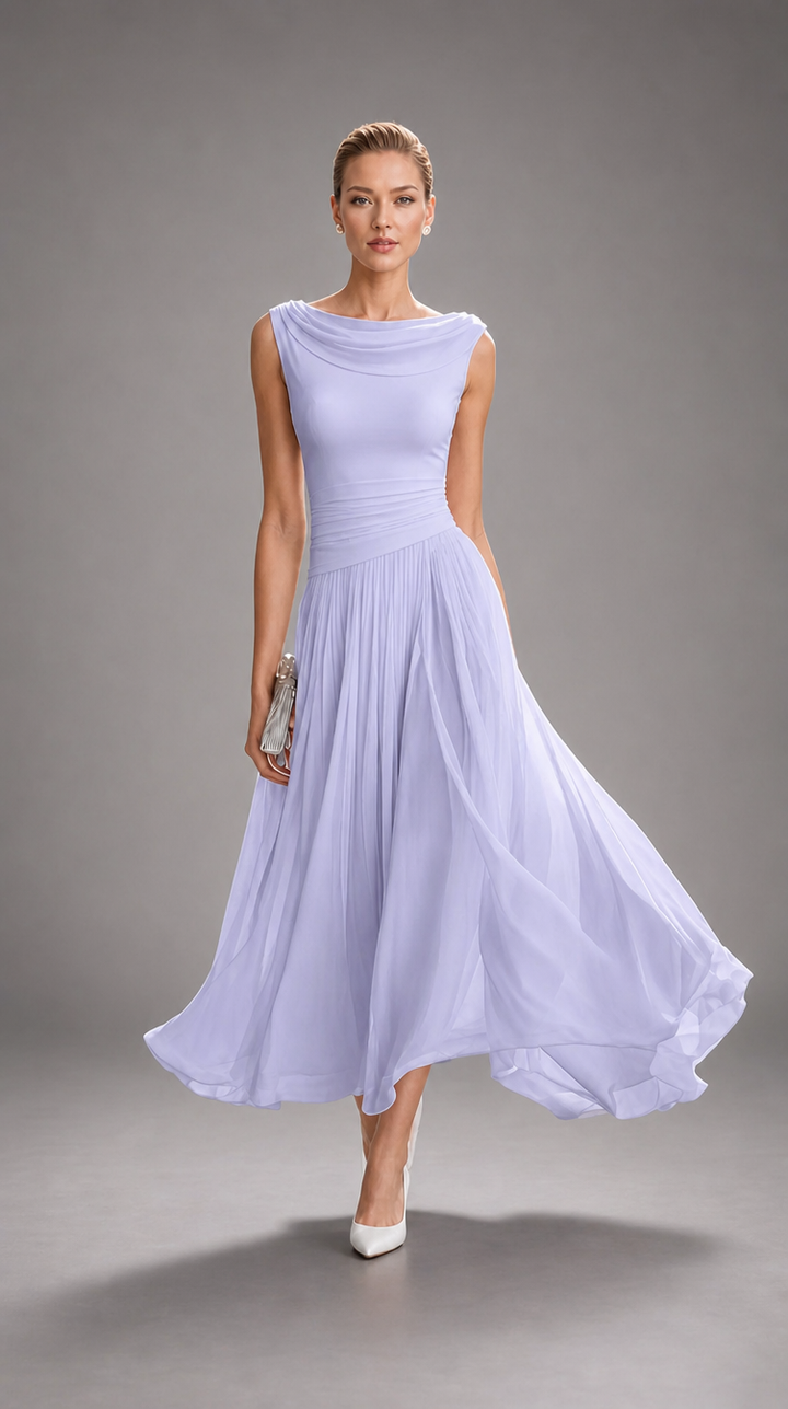 Simone Bennett and Lowe draped neck pleated midi dress for women, featuring a flowing silhouette and elegant design.
