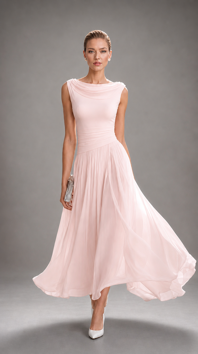 Simone Bennett and Lowe draped neck pleated midi dress for women, featuring a flowing silhouette and elegant design.