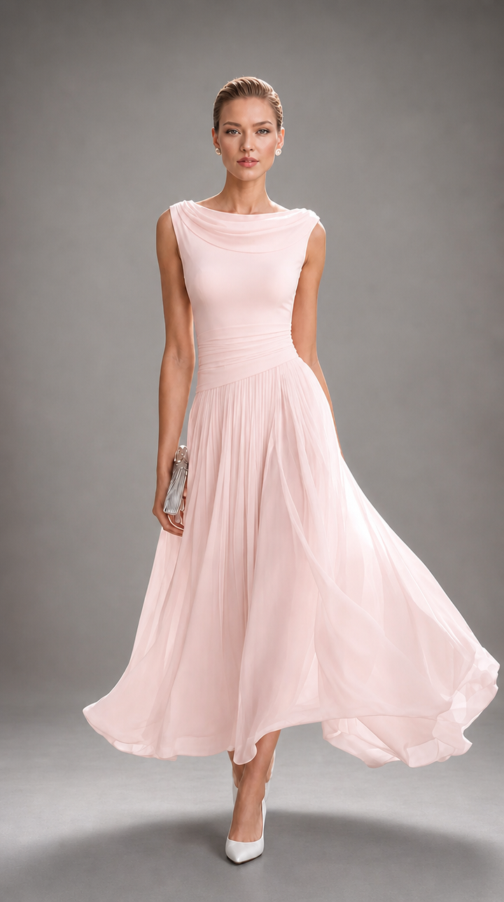 Simone Bennett and Lowe draped neck pleated midi dress for women, featuring a flowing silhouette and elegant design.