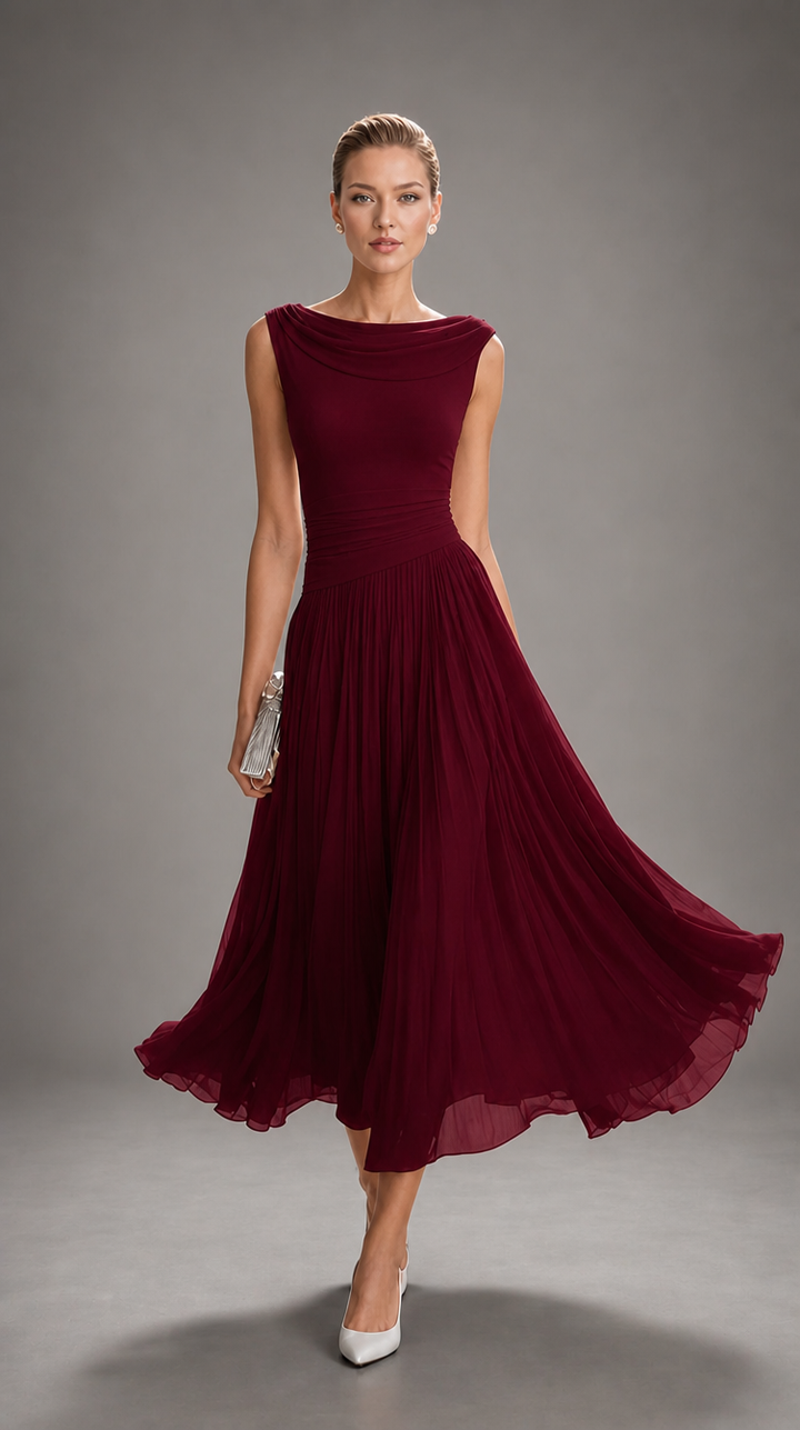 Simone Bennett and Lowe draped neck pleated midi dress for women, showcasing elegant pleats and a sophisticated draped neckline.
