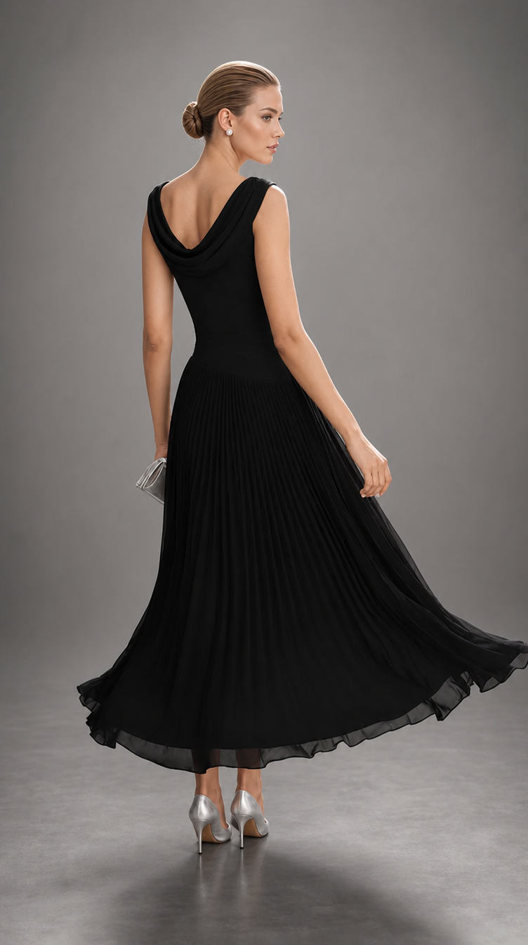 Bennett and Lowe Simone draped neck pleated midi dress for women, featuring a flowing fabric and elegant silhouette.
