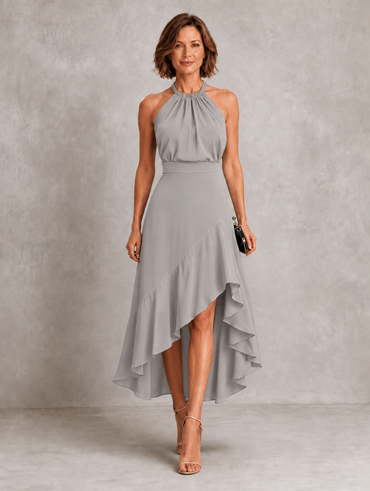 Bennett and Lowe Chloe halter dress with ruffle hem, most-loved dress in soft fabric, featuring a stylish halter neckline and flowing skirt.