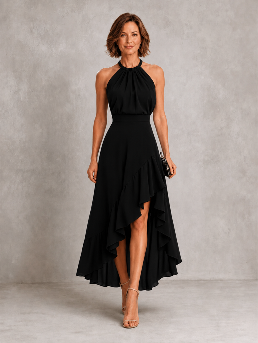 Chloe Bennett and Lowe halter dress with ruffle hem, featuring a stylish and elegant design perfect for special occasions.