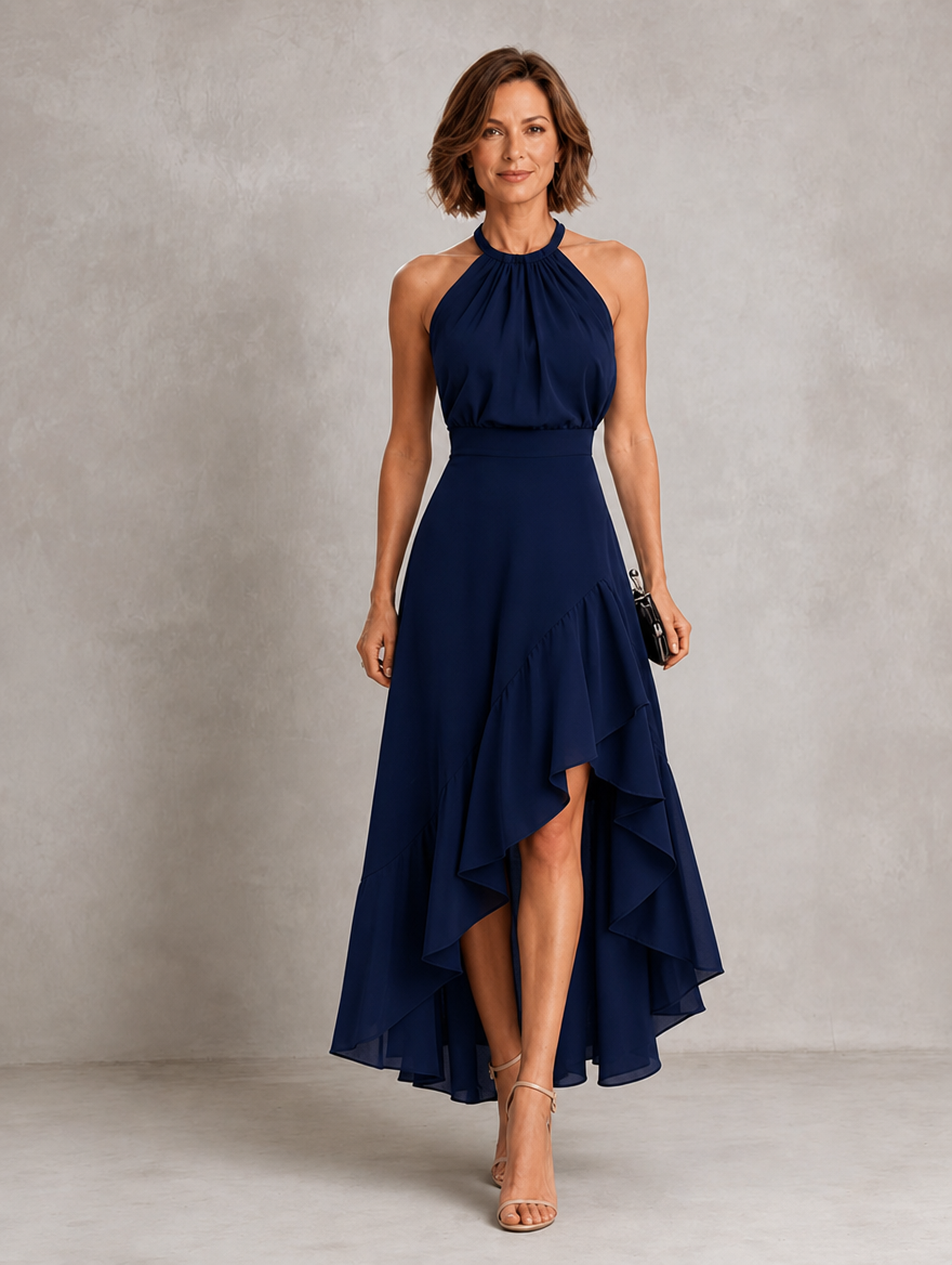 Chloe halter ruffle hem dress by Bennett and Lowe, featuring a flowy silhouette with ruffle details and halter neckline.