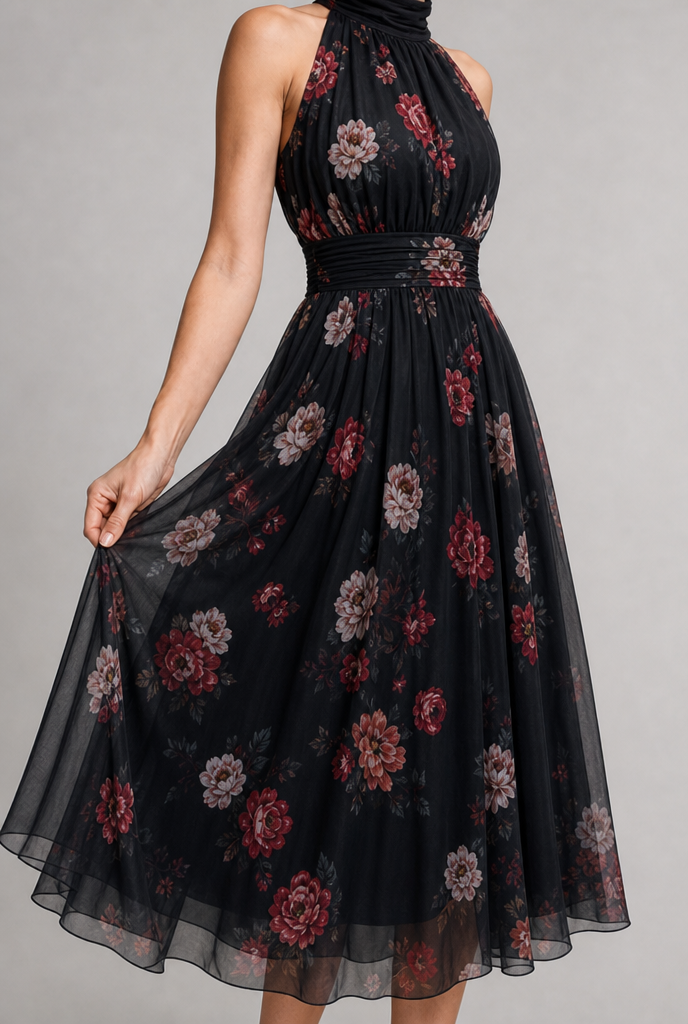 Floral halter neck midi dress from Bennett and Lowe's Sior collection, featuring a fitted bodice and flowing skirt.