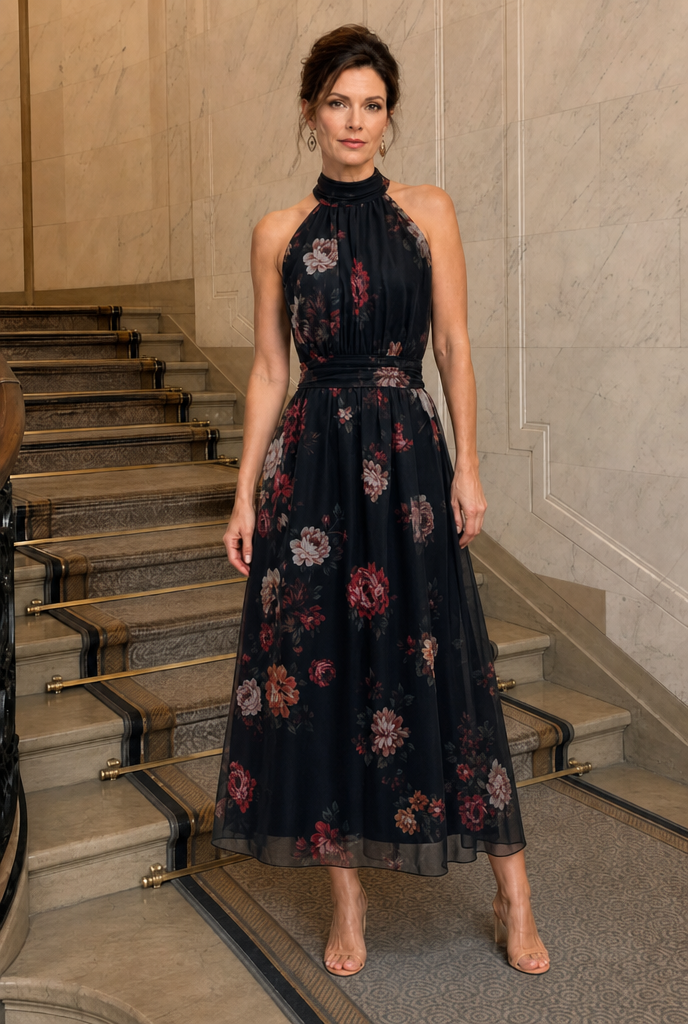 Floral halter neck midi dress by Bennett and Lowe featuring a fitted bodice and flowing skirt, in a vibrant floral pattern.