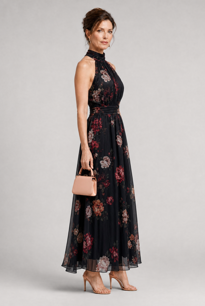 Floral halter neck midi dress by Bennett and Lowe featuring a fitted bodice, flowing skirt, and vibrant floral pattern.