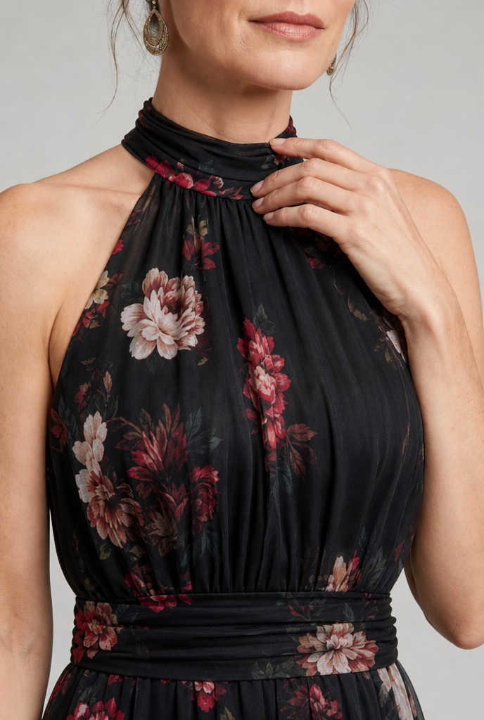 Floral halter neck midi dress by Bennett and Lowe, featuring a fitted bodice and flowing skirt with vibrant floral pattern.