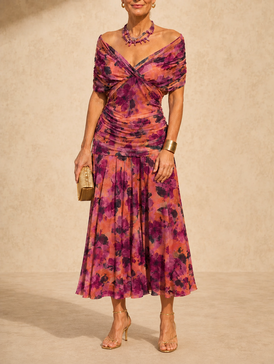 Seraphine Ruched Flutter Midi dress by Bennett and Lowe, signature vestidos with delicate flutter details and elegant ruching.