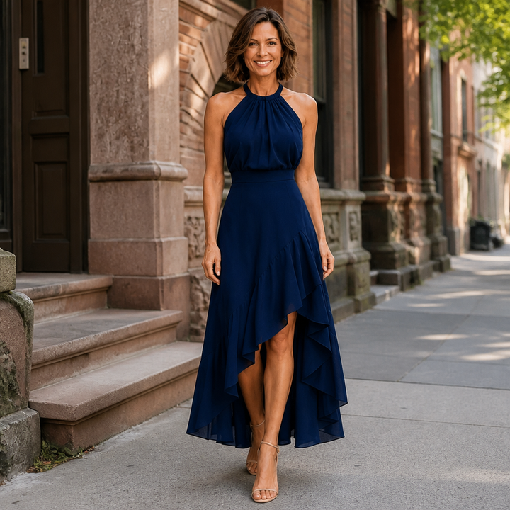 Chloe halter ruffle hem dress by Bennett and Lowe, featuring a stylish halter neckline and flowing ruffle hem for a chic look.