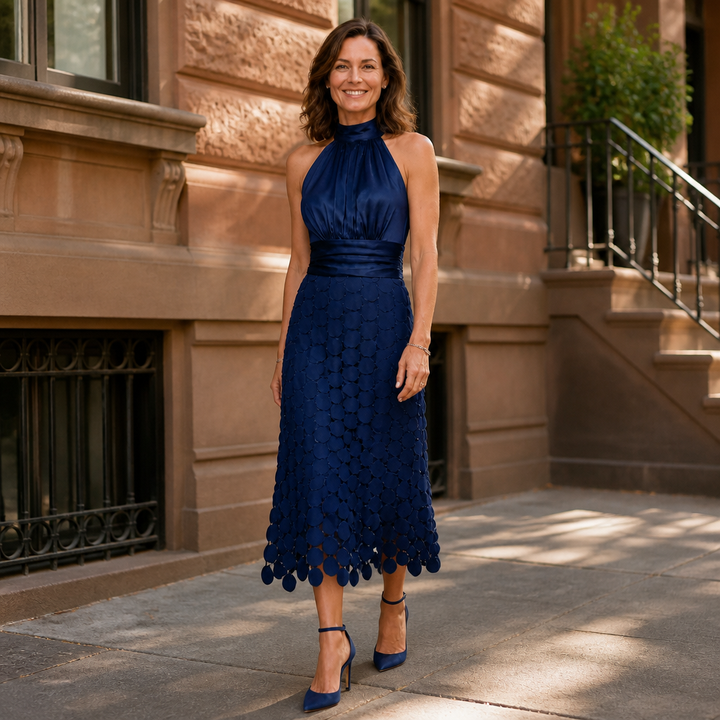 Nora elegant midi dress by Bennett and Lowe, featuring a sleek silhouette and sophisticated design, perfect for stylish occasions.