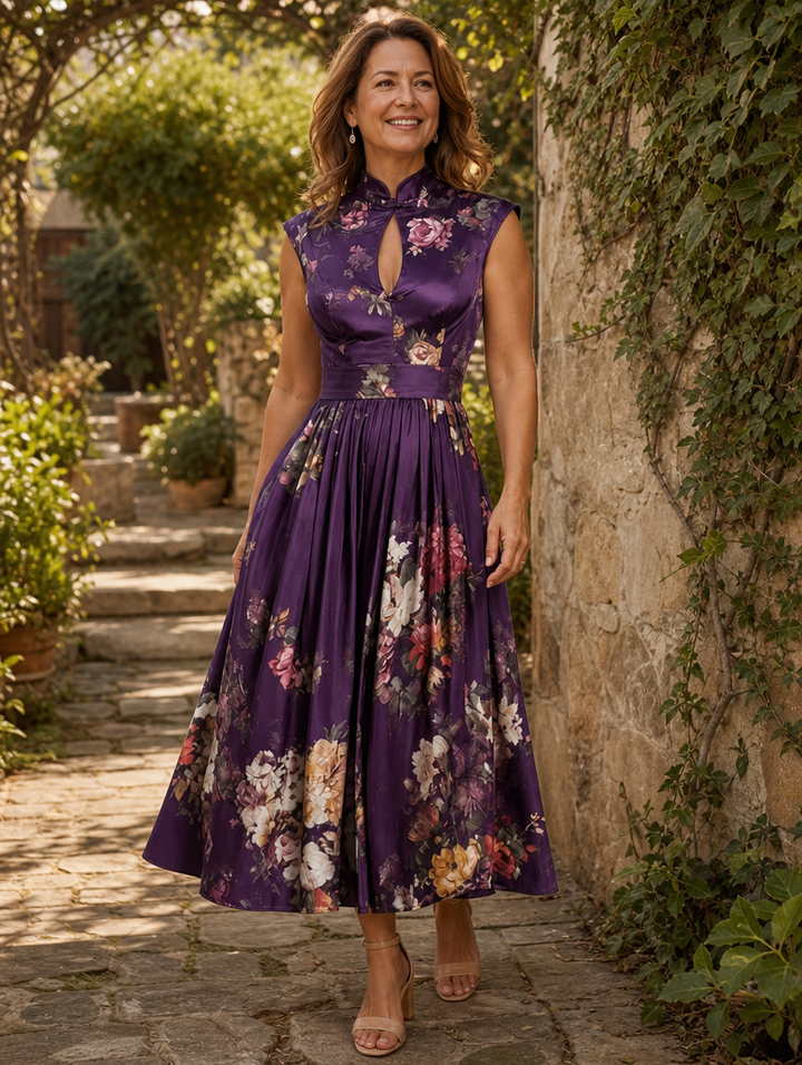 Florence floral mandarin-neck midi dress for women by Bennett and Lowe, featuring a vibrant pattern and elegant design.