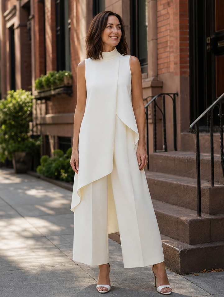 Imogen Bennett and Lowe sculpted high-neck wide-leg jumpsuit for women, shown in a stylish dark fabric with a fitted top and flowing pants.