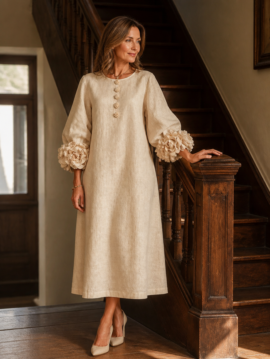 Adeline Bennett and Lowe 3D floral O-neck lantern-sleeve midi dress for women, featuring a stylish floral pattern and elegant silhouette.