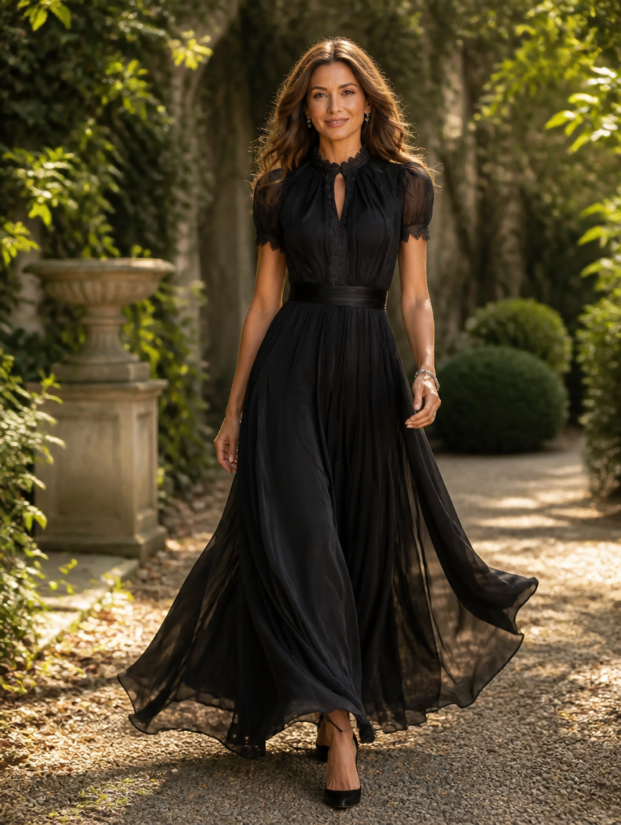 Evangeline lace-trim flowing maxi dress by Bennett and Lowe, featuring lightweight fabric and elegant design, shown on a hanger.