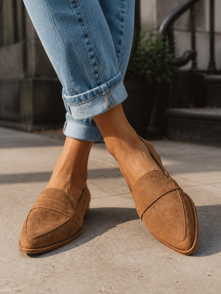 Helen orthopedic soft suede loafers by My Store 2, showcasing the beige slip-on shoes with cushioned soles and stylish design.