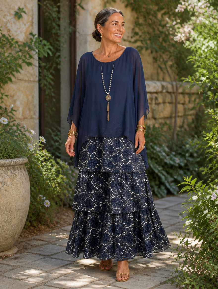 Elegant flowing Lara™ maxi dress by Bennett and Lowe, femme style, with soft fabric and graceful design.
