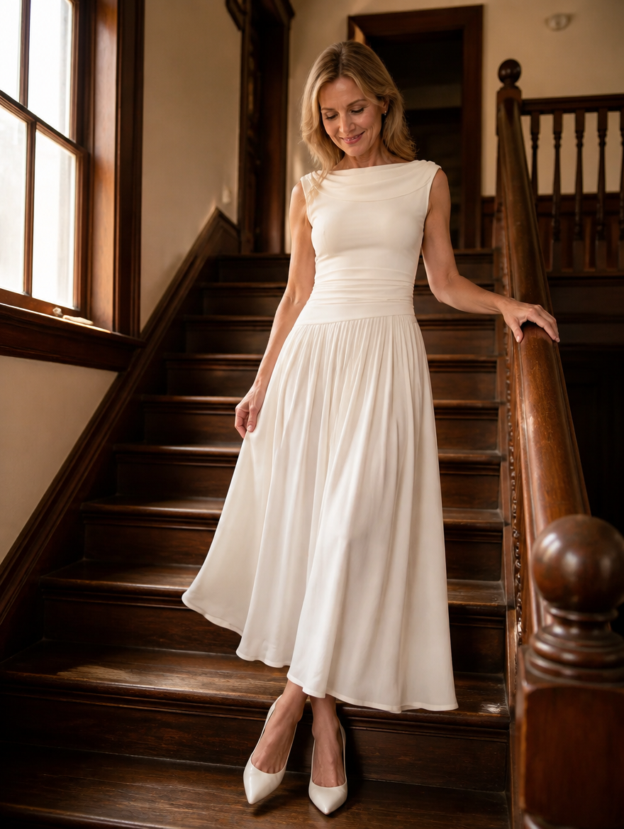 Simone Bennett and Lowe draped neck pleated midi dress for women with flowing fabric and elegant design, shown on a model.