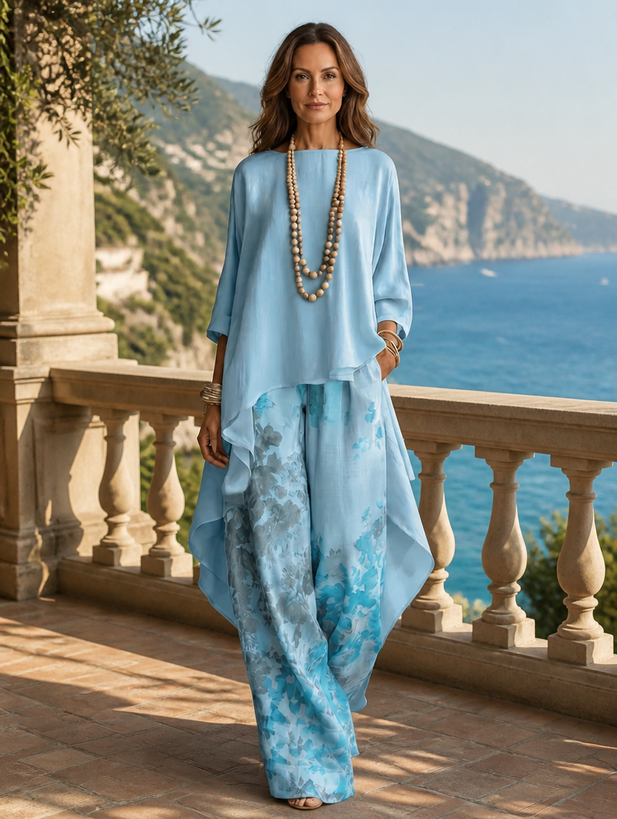 Harlow & Sydney Cariola asymmetric tunic two-piece set for women, featuring a stylish, flowy fabric and modern design.