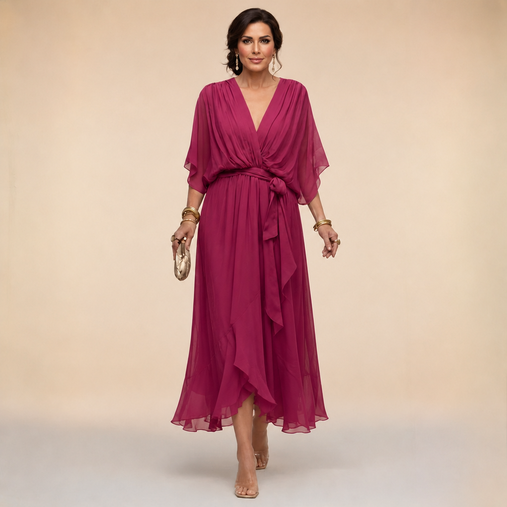 Monica Bennett and Lowe V-Neck Dress in soft fabric, featuring a flattering V-neck and elegant design, shown on a model.