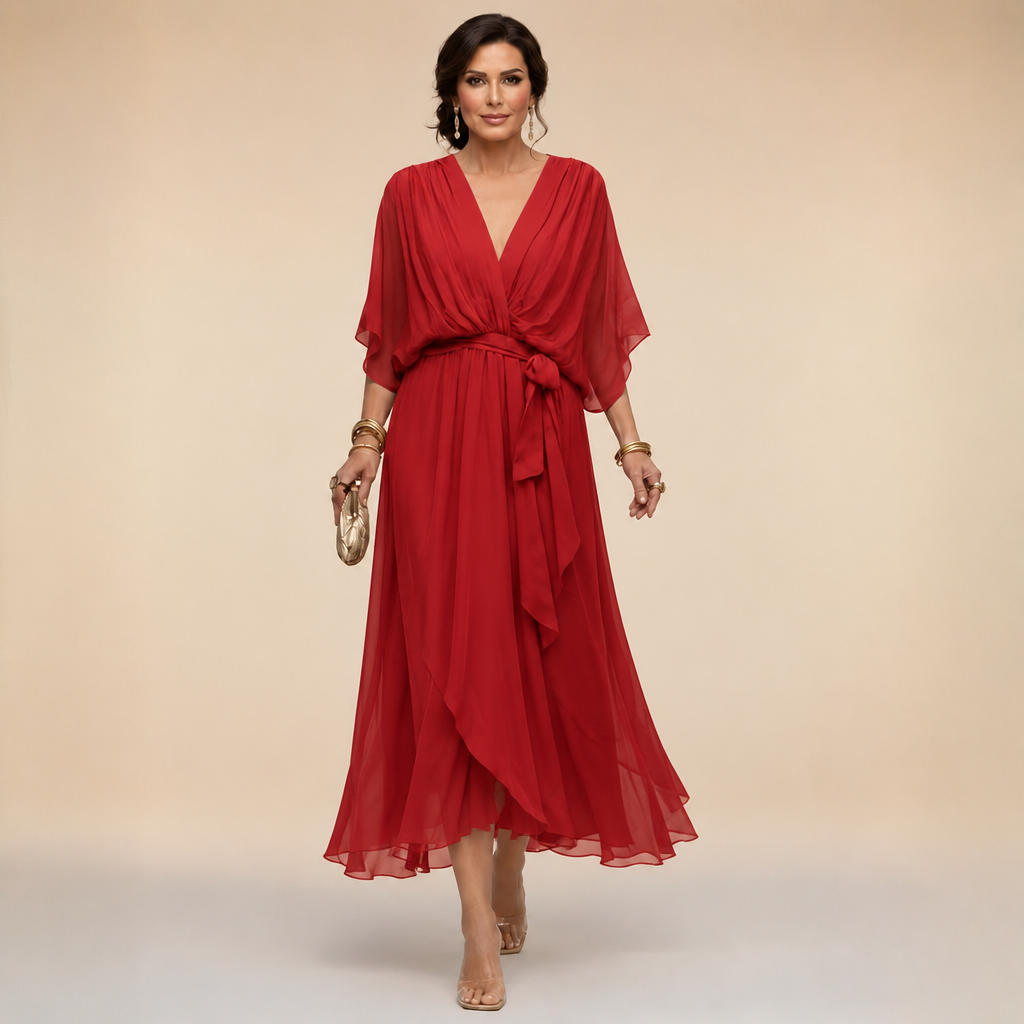 Bennett and Lowe Monica V-neck dress in a flowing fabric, featuring a fitted waist and elegant V-neckline.