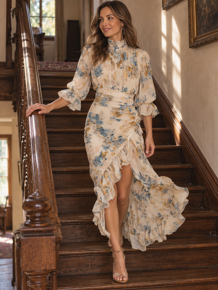 Women's floral chiffon maxi dress with turtleneck and irregular hem by Bennett & Lowe, featuring a vibrant floral print.