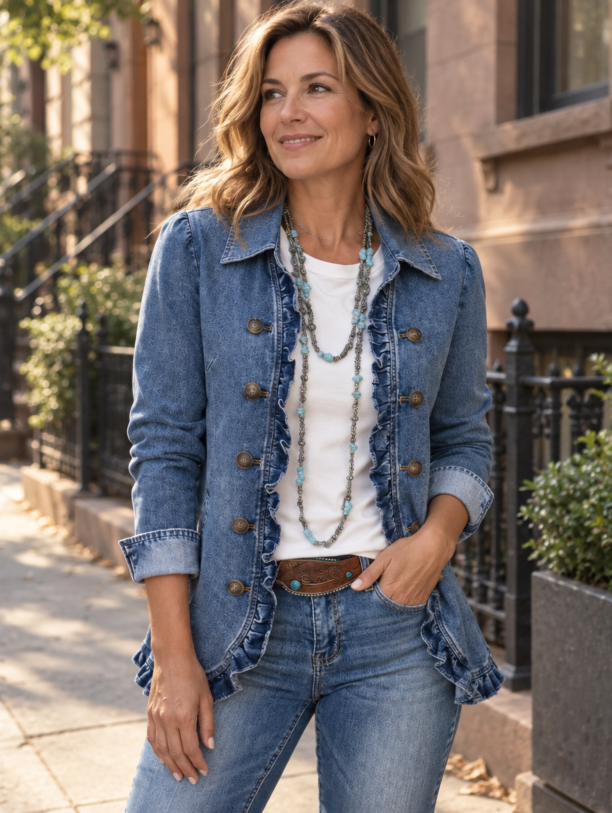 Bennett and Lowe Ruffelle ruffle-trim jacket in soft fabric, featuring delicate ruffle details along the collar and sleeves.