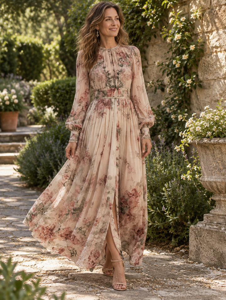 Amelie vintage floral high-neck maxi dress for women by Bennett and Lowe, featuring a flowing skirt and elegant floral pattern.
