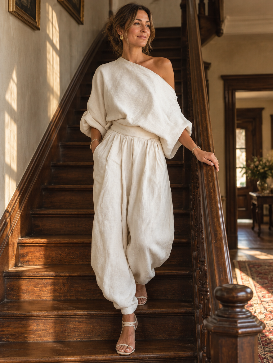 Mila™ off-shoulder two-piece matching set in soft fabric, featuring a cropped top and high-waisted skirt or pants.