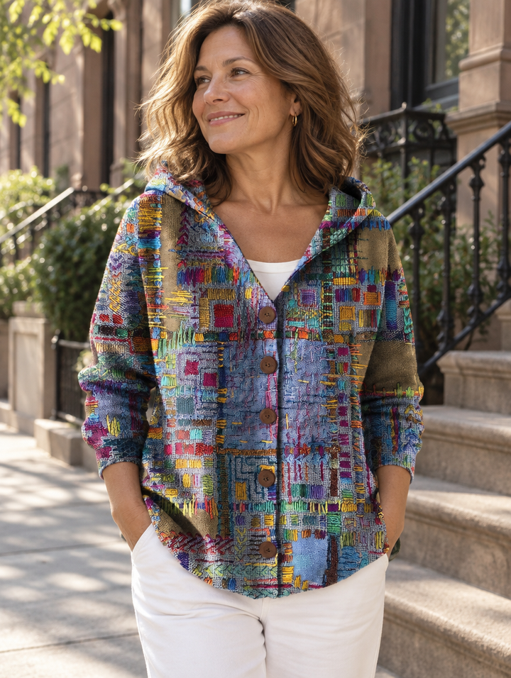 Vanessa Bennett and Lowe soft long-sleeve open-front cardigan displayed hanging, in a neutral color with a relaxed fit.